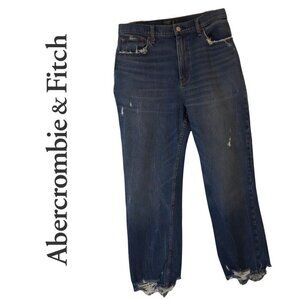 Abercrombie & Fitch, Mom Jean, Cracked Destroyed Hem Straight Leg Jeans, Blue